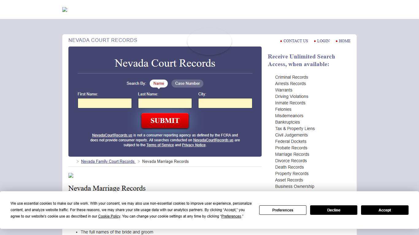 Nevada Marriage Records Search | NevadaCourtRecords.us